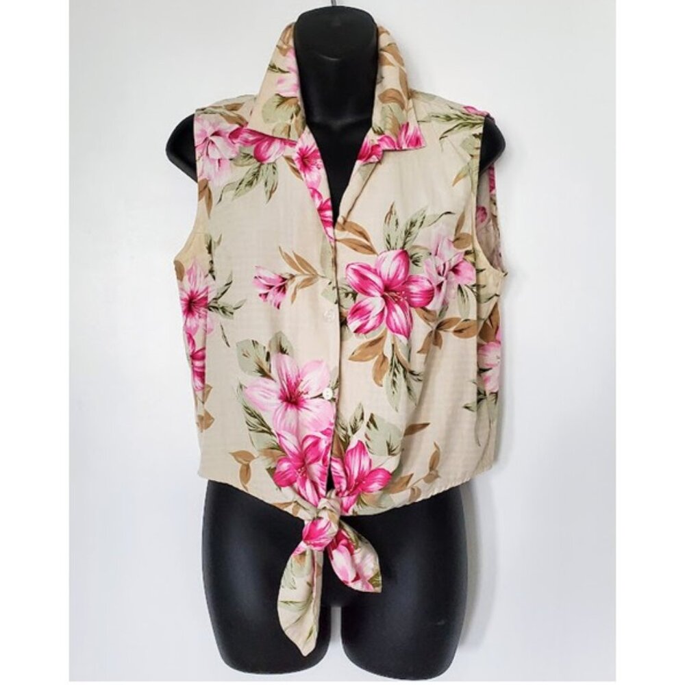 Bill Blass Vintage Silk Floral Sleeveless Button Down Tie Front Top Size M